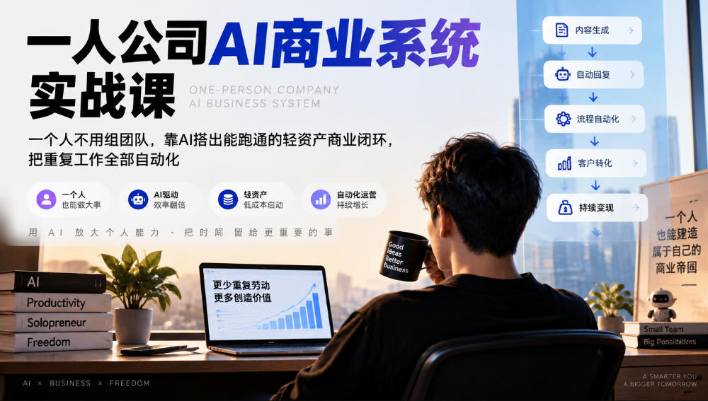 一人公司AI商业系统实战课，一个人不用组团队，靠AI搭出能跑通的轻资产商业闭环，把重复工作全部自动化|无忧资源社