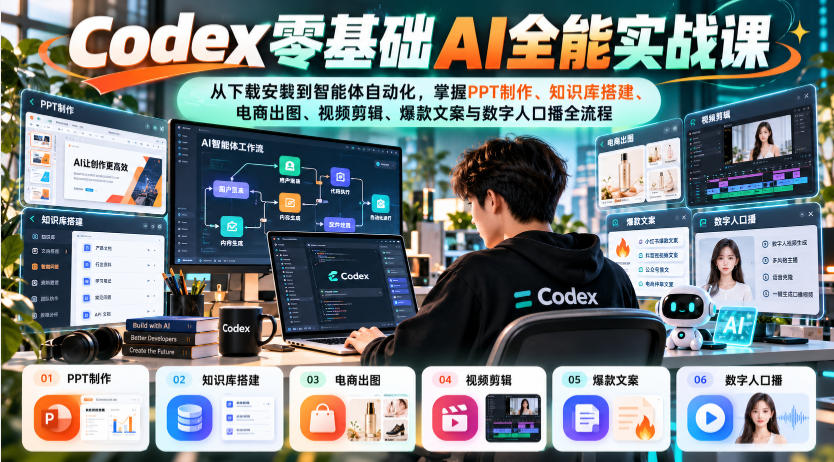 Codex零基础AI全能实战课：从下载安装到智能体自动化，掌握知识库搭建、电商出图、视频剪辑、爆款文案与数字人口播全流程|无忧资源社
