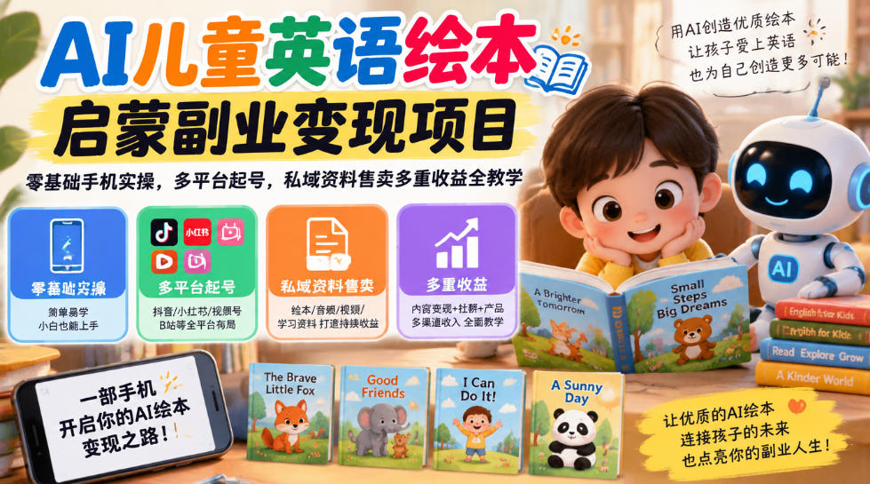 AI儿童英语绘本启蒙副业变现项目，零基础手机实操，多平台起号，私域资料售卖多重收益全教学|无忧资源社