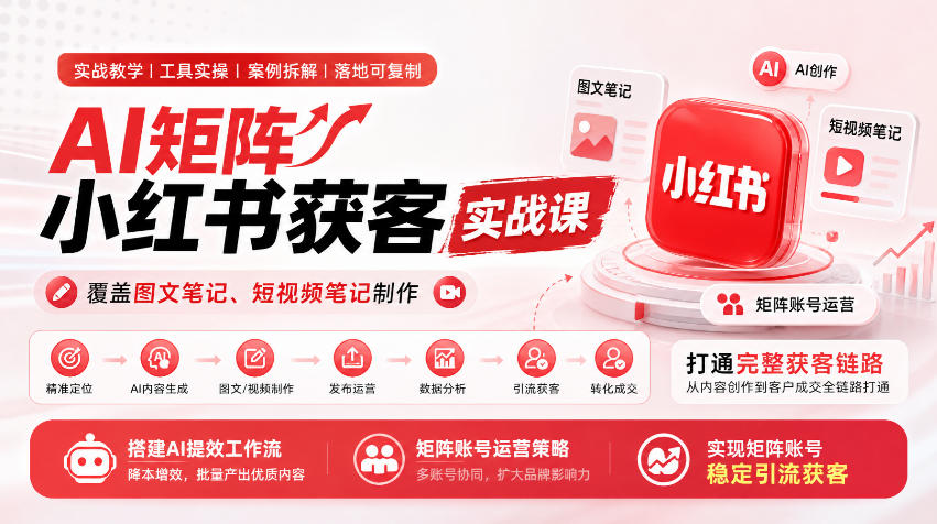 AI矩阵小红书获客实战课，覆盖图文笔记、短视频笔记制作，打通完整获客链路，搭建AI提效工作流，实现矩阵账号稳定引流获客|无忧资源社