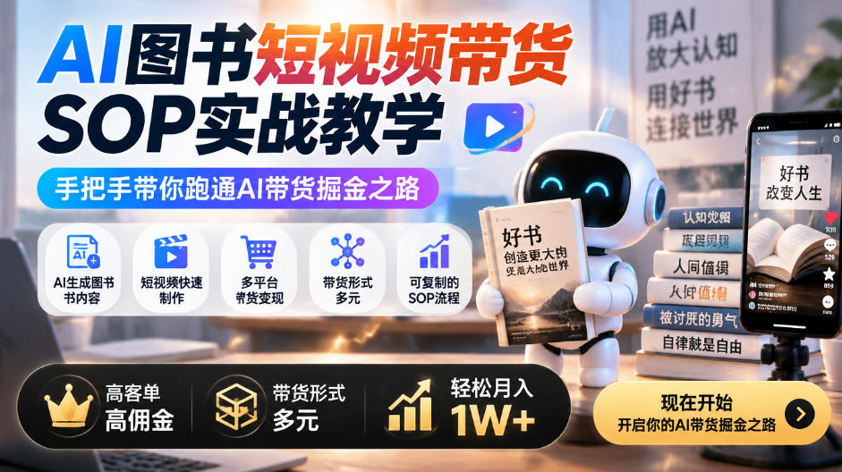AI图书短视频带货SOP实战教学，手把手带你跑通AI带货掘金之路，高客单高佣金，带货形式多元，轻松月入1W+|无忧资源社