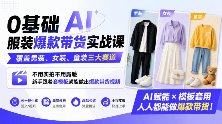 0基础AI服装爆款带货实战课｜覆盖男装、女装、童装三大赛道，不用实拍不用露脸，新手跟着套模板就能做出爆款带货视频|无忧资源社