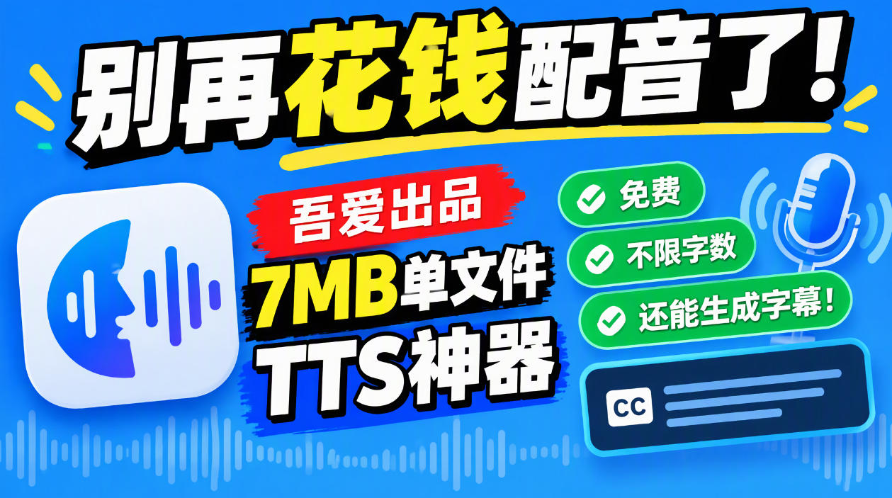 别再花钱配音了！吾爱出品7MB单文件TTS神器，免费不限字数还能生成字幕！|无忧资源社