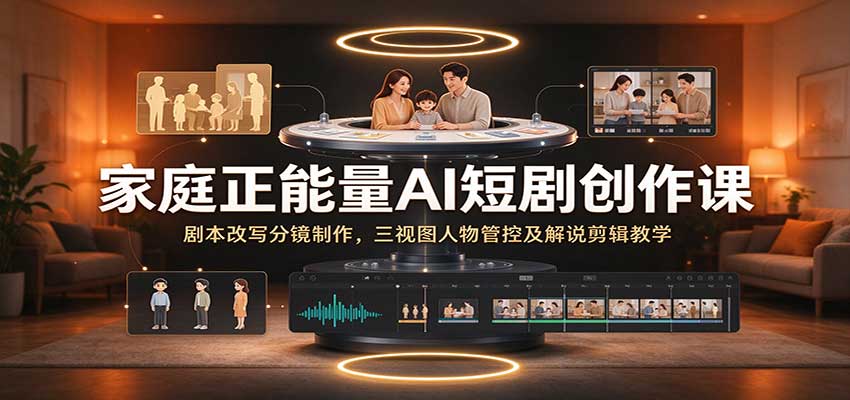 家庭正能量AI短剧创作课：剧本改写分镜制作，三视图人物管控及解说剪辑教学|无忧资源社