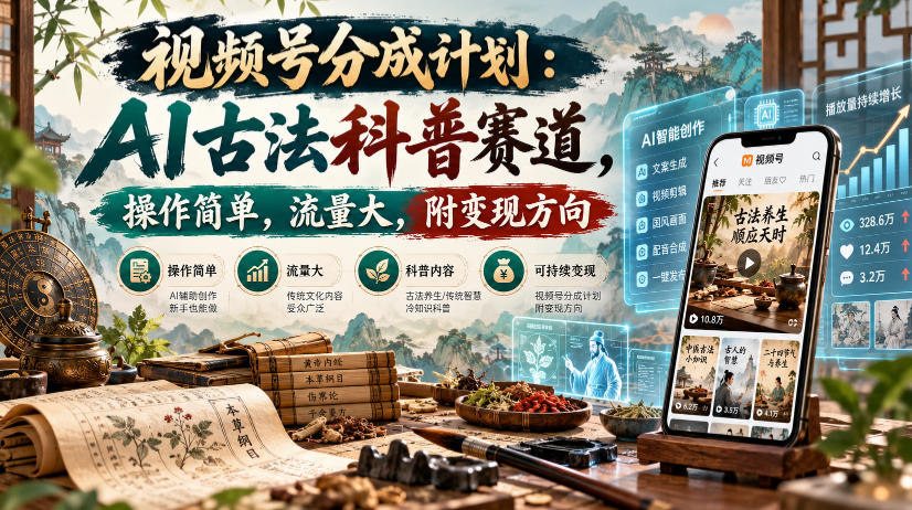 视频号分成计划:AI古法科普赛道,操作简单,流量大,附变现方向|无忧资源社