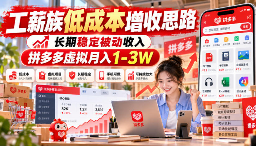 工薪族低成本增收思路，长期稳定被动收入，拼多多虚拟月入1-3W|无忧资源社