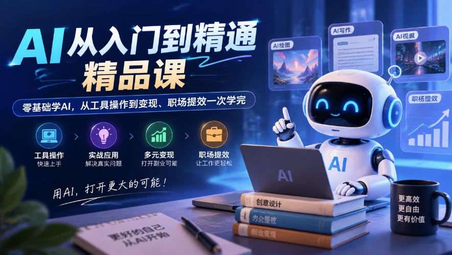 AI从入门到精通精品课，零基础学AI，从工具操作到变现、职场提效一次学完|无忧资源社