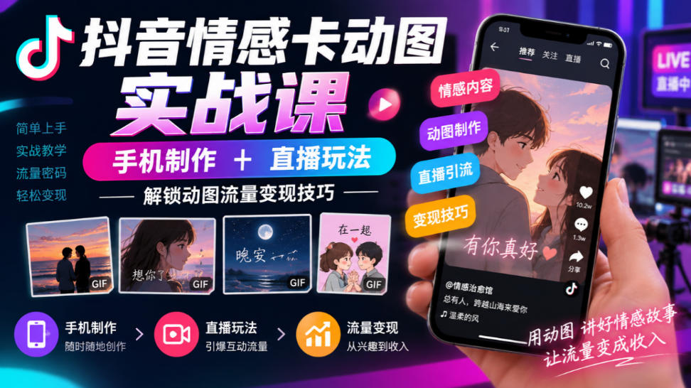 抖音情感卡动图实战课｜手机制作+直播玩法，解锁动图流量变现技巧|无忧资源社