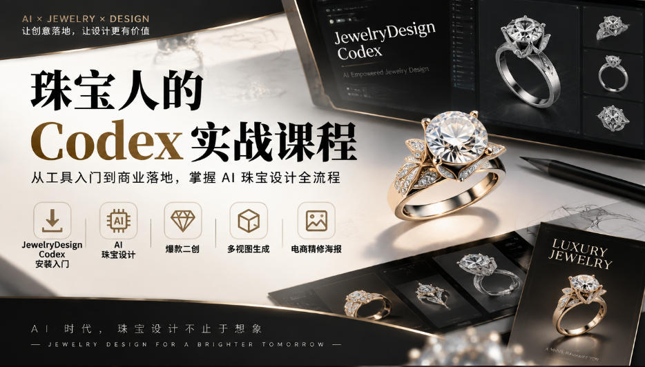 珠宝人的Codex实战课程｜JewelryDesign Codex安装入门、AI珠宝设计、爆款二创、多视图生成、电商精修海报全链路教学|无忧资源社