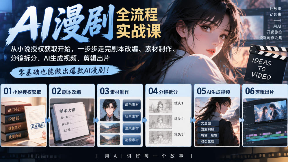 AI漫剧全流程实战课｜从小说授权获取开始，一步步走完剧本改编、素材制作、分镜拆分、AI生成视频、剪辑出片全流程|无忧资源社