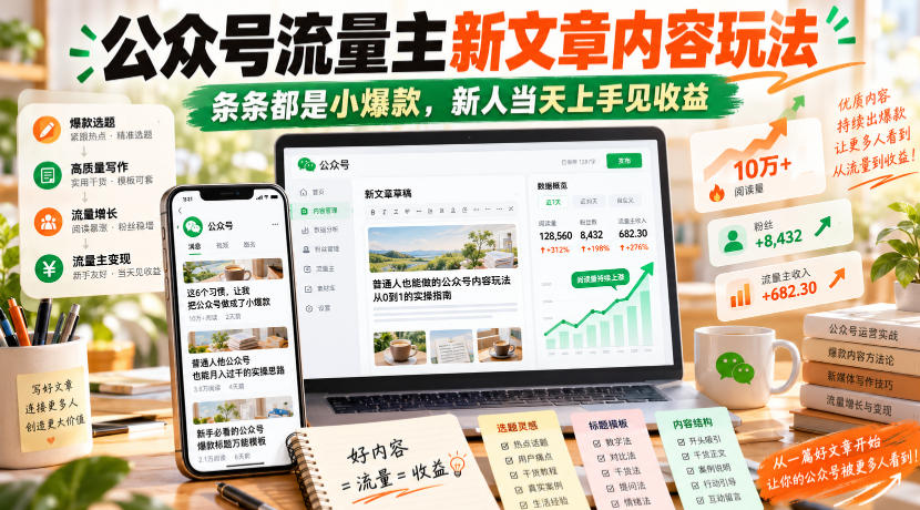 公众号流量主新文章内容玩法,条条都是小爆款,新人当天上手见收益|无忧资源社