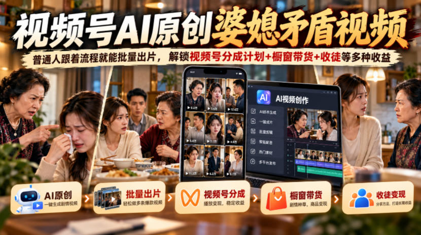 视频号ai原创婆媳矛盾视频，普通人跟着流程就能批量出片，解锁视频号分成计划+橱窗带货+收徒等多种收益|无忧资源社