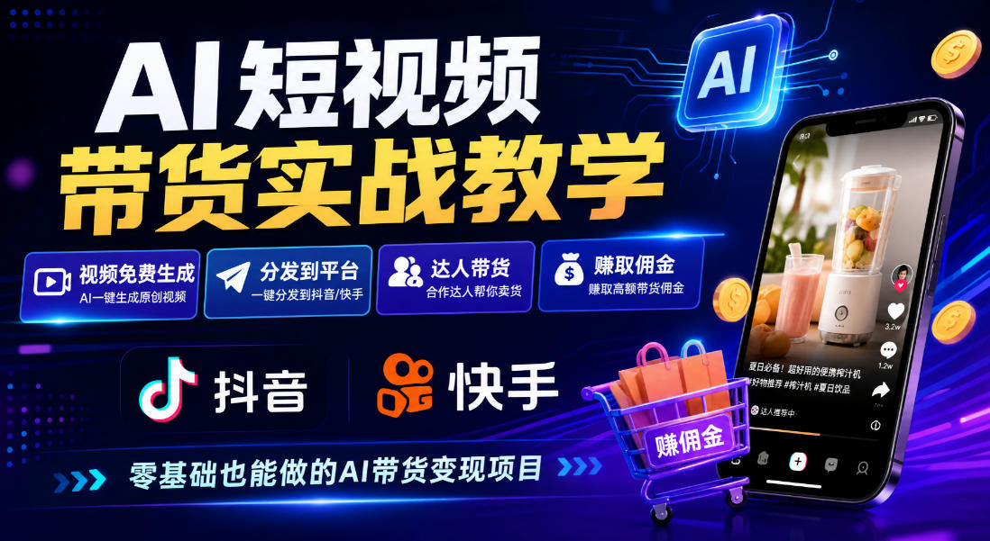 AI短视频带货实战教学，视频免费生成，分发到抖音快手平台，达人带货賺佣金|无忧资源社