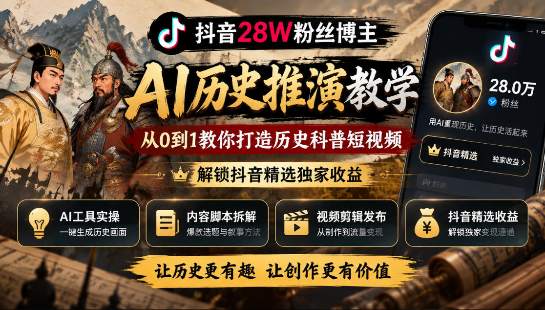抖音28W粉丝博主的AI历史推演教学，从0到1教你打造历史科普短视频，解锁抖音精选独家收益|无忧资源社