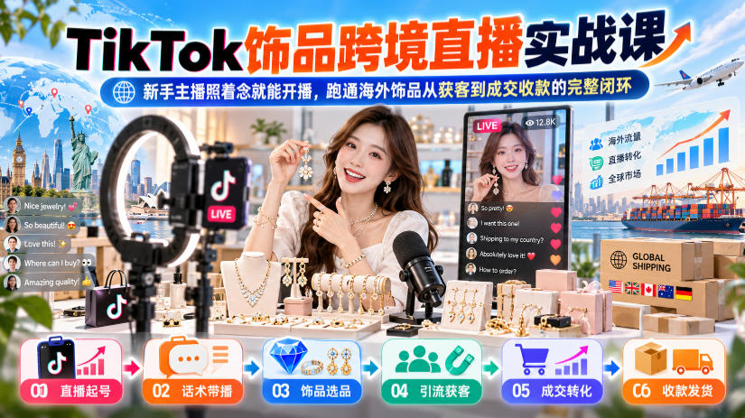 TikTok饰品跨境直播实战课，新手主播照着念就能开播，跑通海外饰品从获客到成交收款的完整闭环|无忧资源社