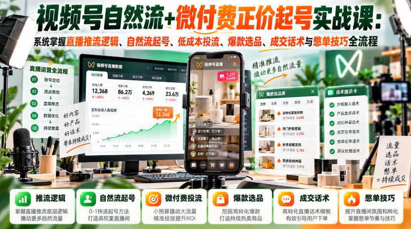 视频号自然流+微付费正价起号实战课：系统掌握直播推流逻辑、自然流起号、低成本投流、爆款选品、成交话术与憋单技巧全流程|无忧资源社