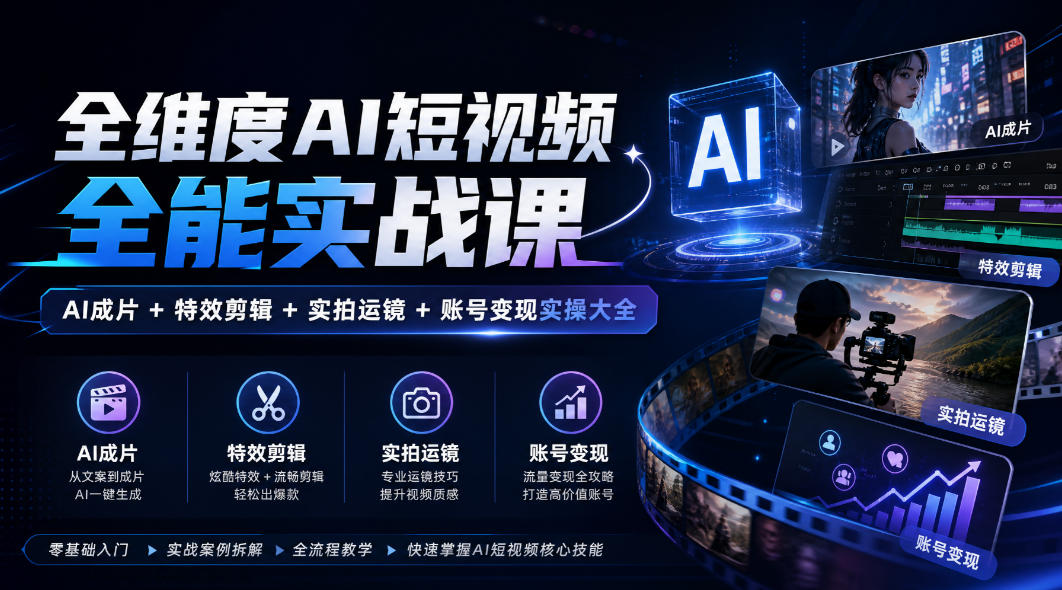全维度AI短视频全能实战课，AI成片+特效剪辑+实拍运镜+账号变现实操大全|无忧资源社