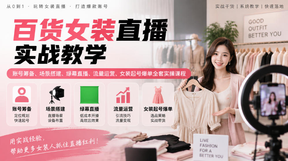 百货女装直播实战教学｜账号筹备、场景搭建、绿幕直播、流量运营、女装起号爆单全套实操课程|无忧资源社