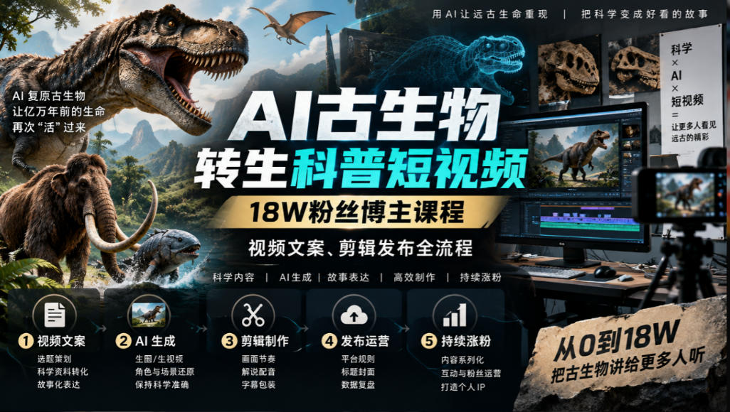 AI古生物转生科普短视频，18W粉丝博主课程，视频文案、剪辑发布全流程|无忧资源社