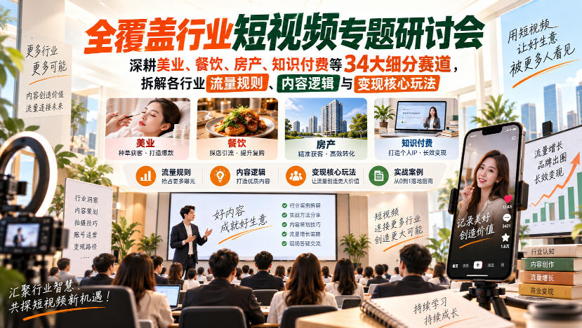 短视频专题研讨会，深耕美业、餐饮、房产、知识付费等34大细分赛道，拆解各行业流量规则、内容逻辑与变现核心玩法（更新1011）|无忧资源社