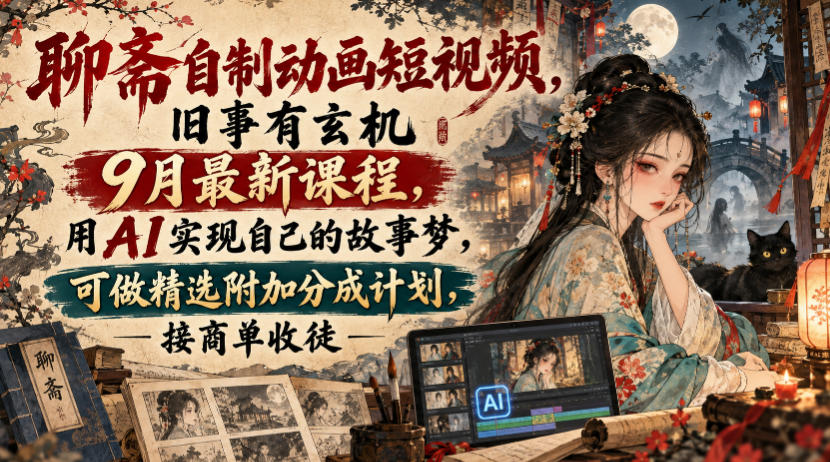 聊斋自制动画短视频，旧事有玄机9月最新课程，用AI实现自己的故事梦，可做精选附加分成计划，接商单收徒|无忧资源社