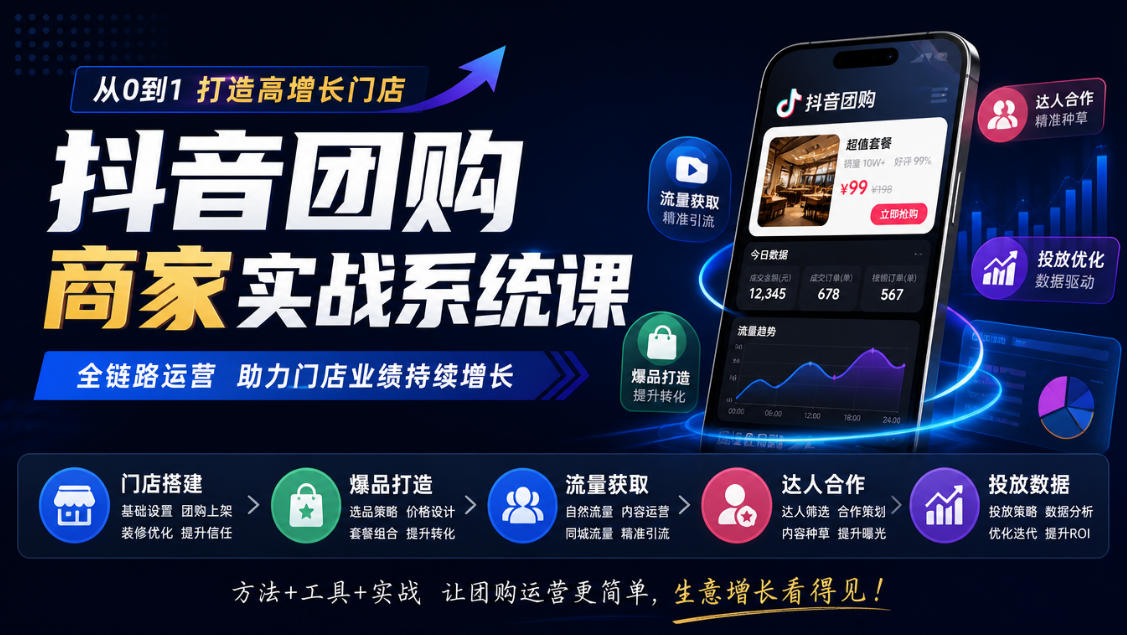 抖音团购商家实战系统课｜门店搭建、爆品打造、流量获取、达人合作、投放数据全链路运营|无忧资源社