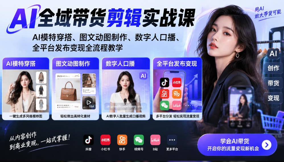 AI全域带货剪辑实战课｜AI模特穿搭、图文动图制作、数字人口播、全平台发布变现全流程教学|无忧资源社