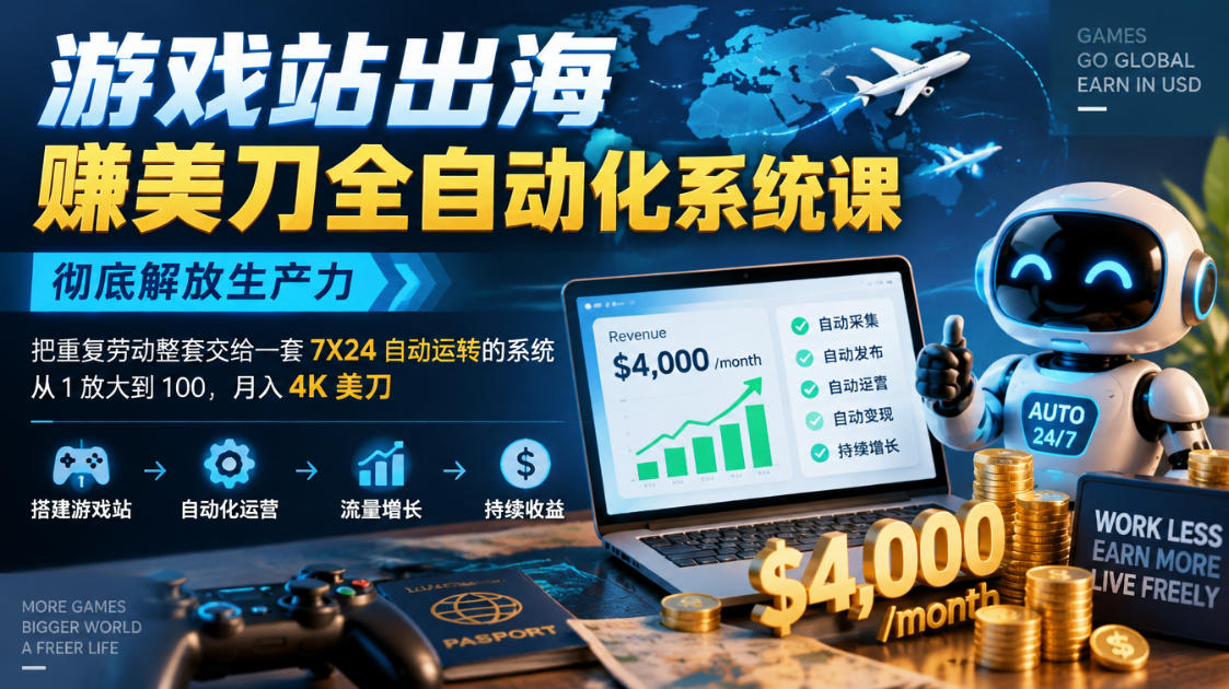 游戏站出海賺美刀全自动化系统课，彻底解放生产力–把重复劳动整套交给一套7X24自动运转的系统，从1放大到100，月入4K美刀|无忧资源社