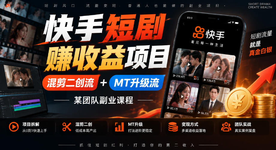 快手短剧賺收益项目，混剪二创流+MT升级流，某团队副业课程|无忧资源社