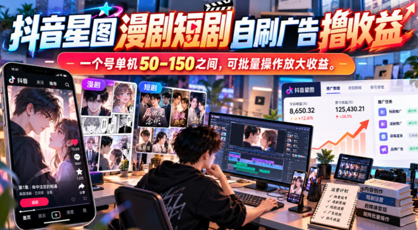 抖音星图漫剧短剧自刷广告撸收益,一个号单机50-150之间,可批量操作放大收益|无忧资源社
