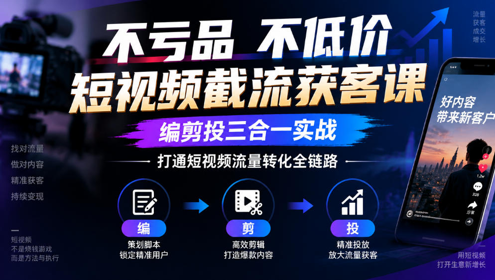 不亏品不低价短视频截流获客课，编剪投三合一实战，打通短视频流量转化全链路|无忧资源社