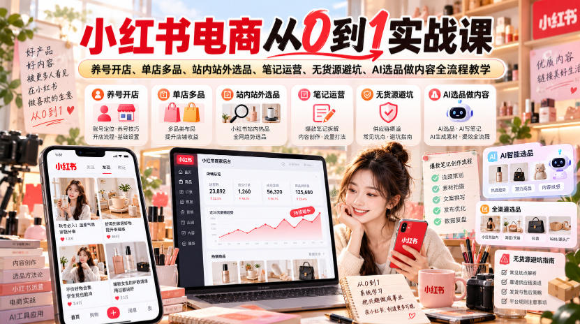 小红书电商从0到1实战课｜养号开店、单店多品、站内站外选品、笔记运营、无货源避坑、AI选品做内容全流程教学|无忧资源社