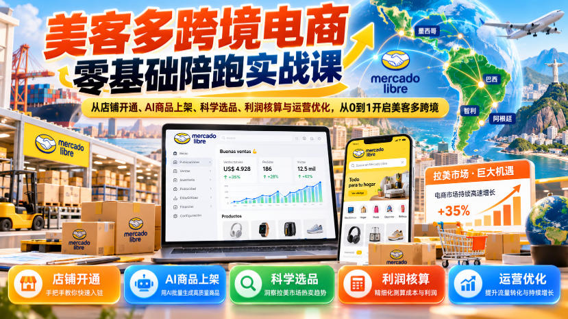 美客多跨境电商零基础陪跑实战课：从店铺开通、AI商品上架、科学选品、利润核算与运营优化，从0到1开启美客多跨境|无忧资源社