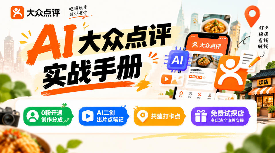 某局的AI大众点评实战手册，0粉开通创作分成、AI二创出片点笔记、共建打卡点、免费试探店多玩法全流程实操|无忧资源社