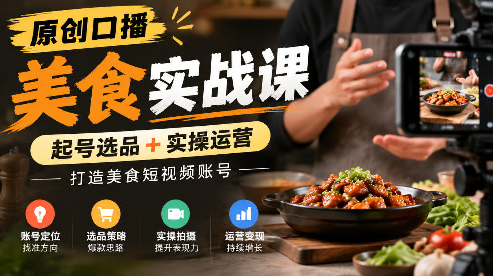 原创口播美食实战课，起号选品+实操运营，打造美食短视频账号|无忧资源社