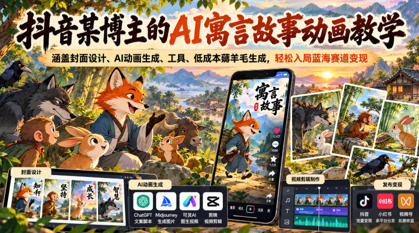 抖音某博主的AI寓言故事动画教学,涵盖封面设计、AI动画生成、工具、低成本薅羊毛生成,轻松入局蓝海赛道变现|无忧资源社