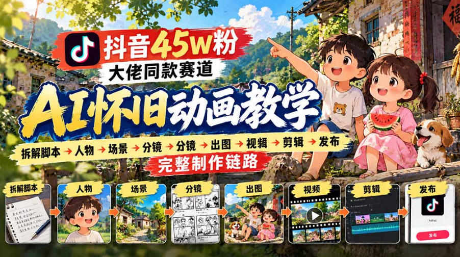 抖音45W粉大佬同款赛道AI怀旧动画实战课：拆解脚本→人物→场景→分镜→出图→视频→剪辑→发布完整制作链路|无忧资源社