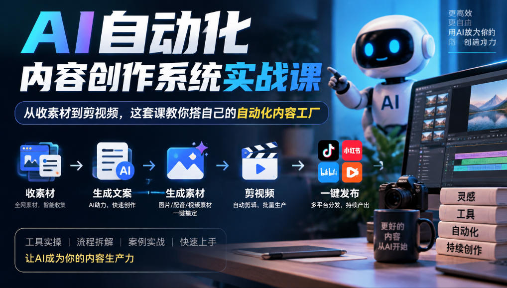 AI自动化内容创作系统实战课，从收素材到剪视频，这套课教你搭自己的自动化内容工厂|无忧资源社
