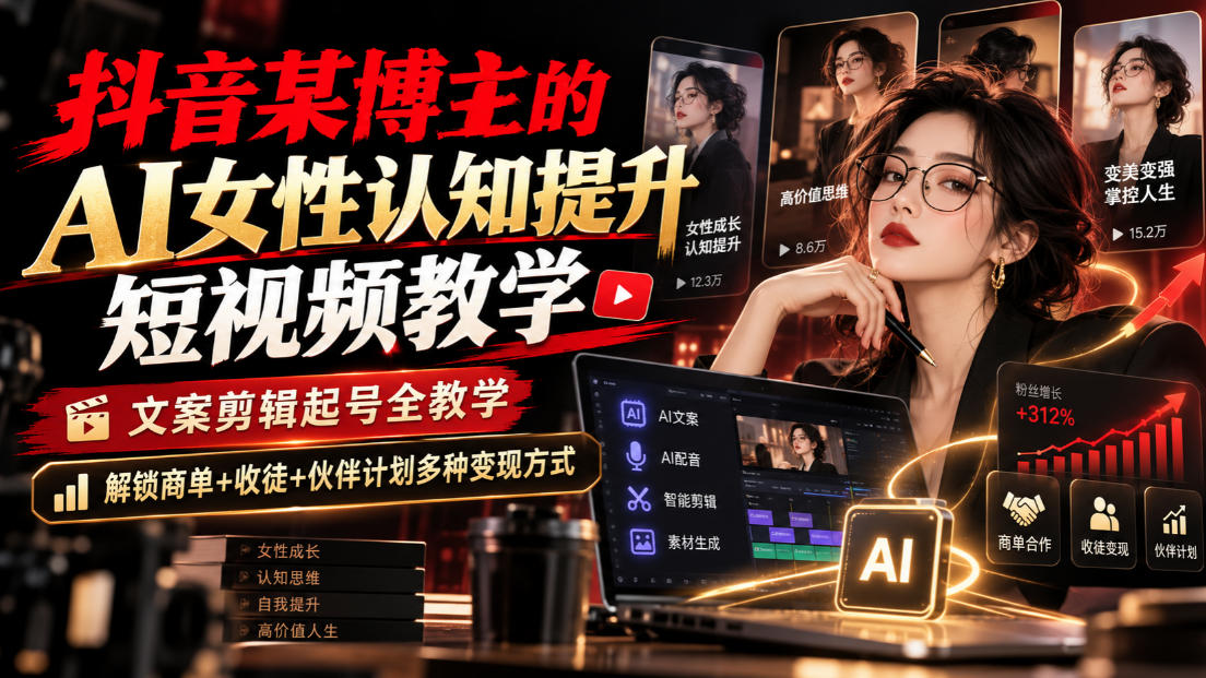 抖音某博主的Ai女性认知提升短视频教学，文案剪辑起号全教学，解锁商单+收徒+伙伴计划多种变现方式|无忧资源社