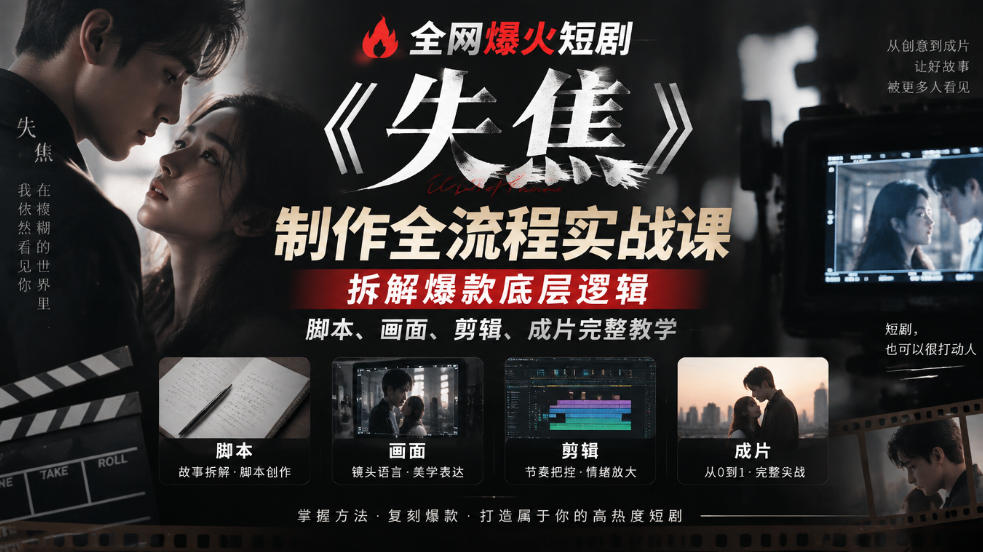 全网爆火短剧《失焦》制作全流程实战课｜拆解爆款底层逻辑，脚本、画面、剪辑、成片完整教学|无忧资源社