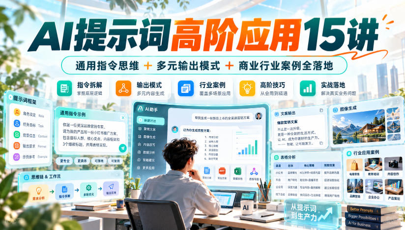 AI提示词高阶应用15讲｜通用指令思维+多元输出模式+商业行业案例全落地|无忧资源社