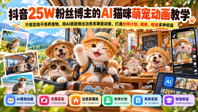 抖音25W粉丝博主的AI猫咪萌宠动画教学，不用实拍不用养宠物，用AI就能做出治愈系萌宠动画，打通伙伴计划、商单、收徒多种收益|无忧资源社