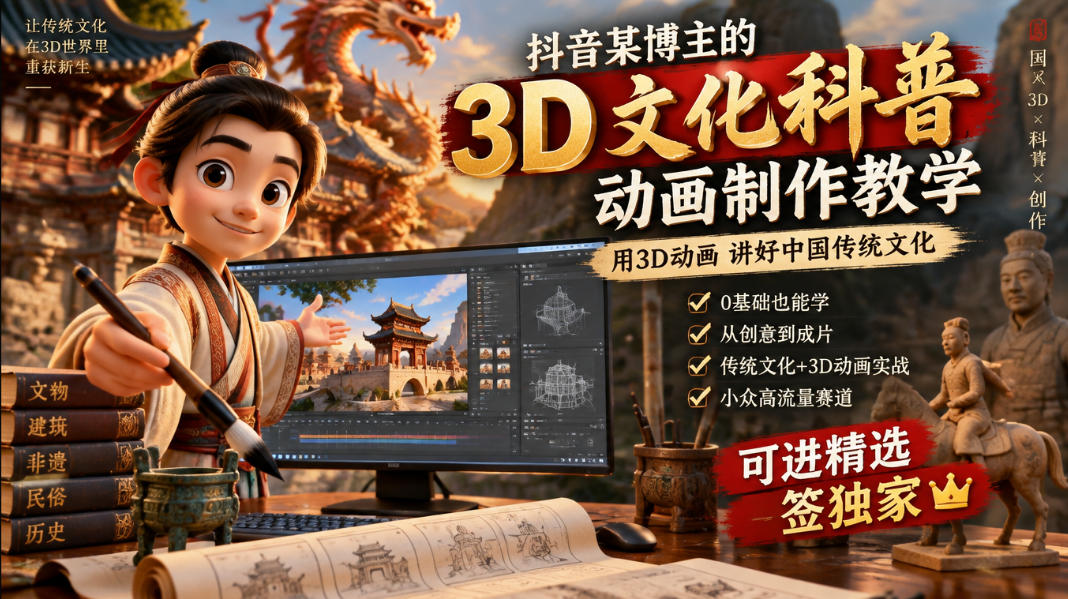 抖音某博主的3D文化科普动画制作教学，用3D动画呈现中国传统文化，可进精选签独家，单日收益1k+|无忧资源社