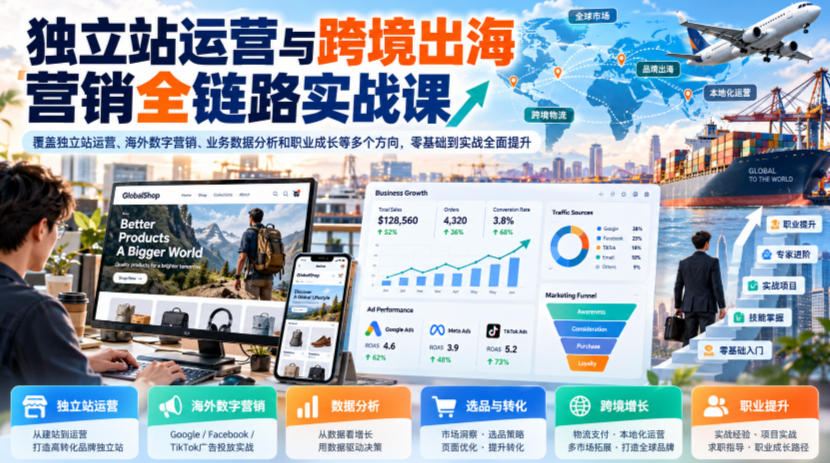 独立站运营与跨境出海营销全链路实战课，覆盖独立站运营、海外数字营销、业务数据分析和职业成长等多个方向，零基础到实战全面提升|无忧资源社