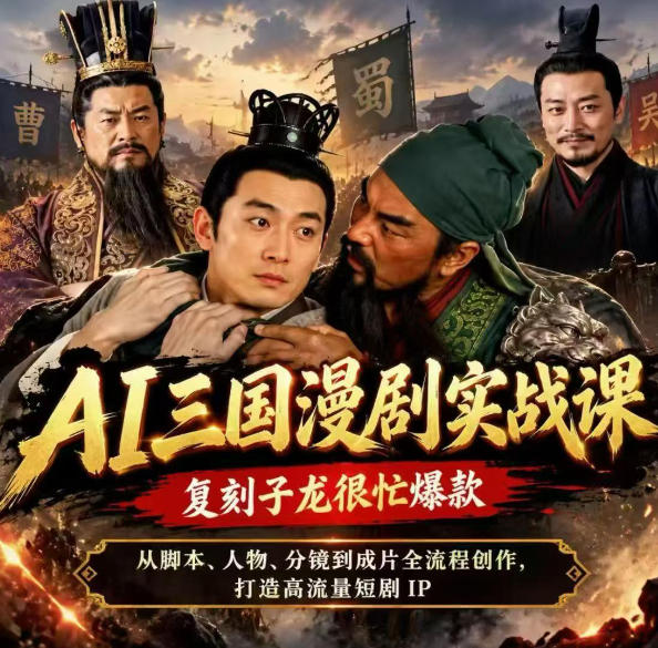 抖音14W粉博主同款AI三国漫剧实战课，复刻子龙很忙爆款，从脚本、人物、分镜到成片全流程创作，打造高流量短剧IP|无忧资源社