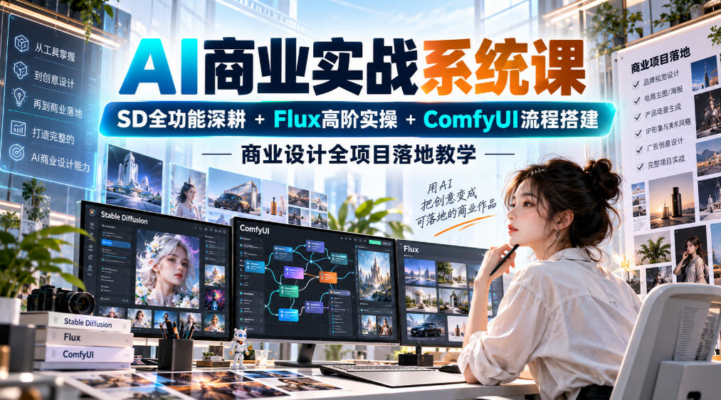 AI商业实战系统课｜SD全功能深耕+Flux高阶实操+Comfyui流程搭建，商业设计全项目落地教学|无忧资源社