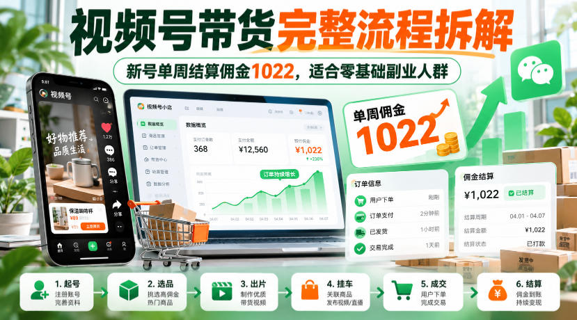 视频号带货完整流程拆解，新号单周结算佣金1022，适合零基础副业人群|无忧资源社