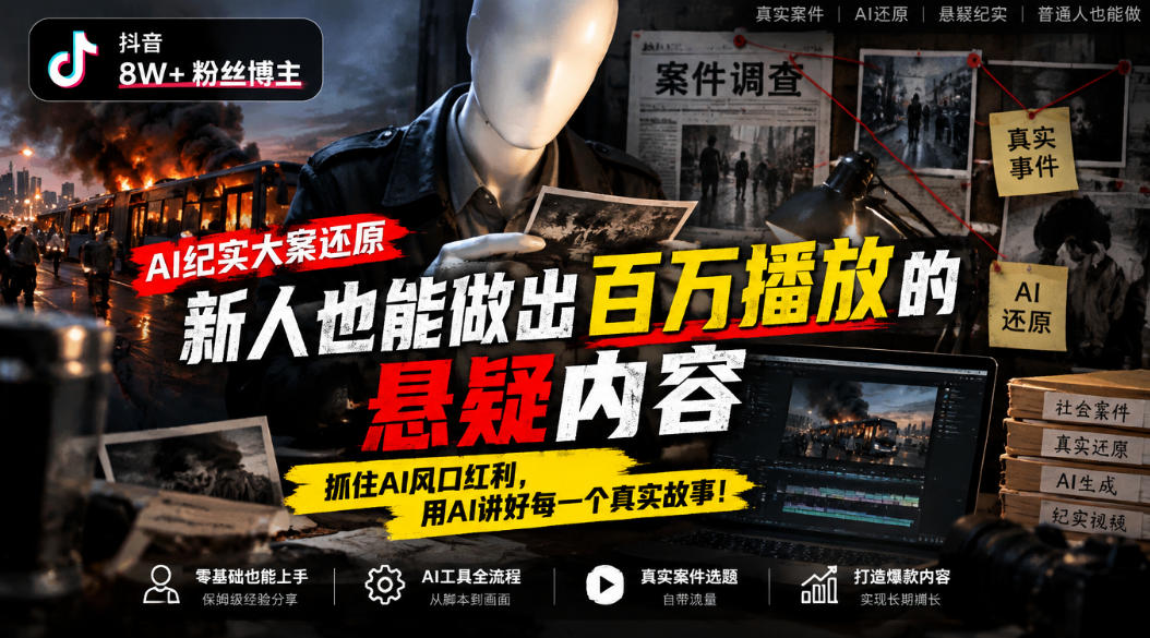 抖音8W粉丝博主的AI纪实大案还原教学，新人也能做出百W播放的悬疑内容，抓住AI风口红利，用AI讲好每一个真实故事|无忧资源社