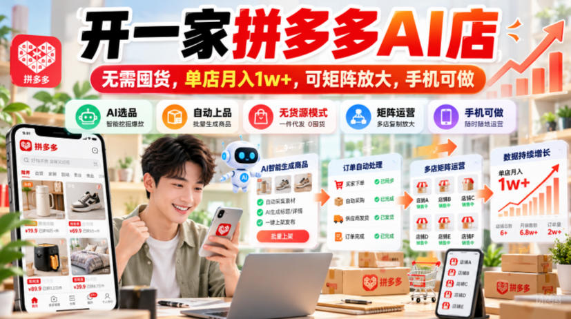 开一家拼多多AI店，无需囤货，单店月入1w+，可矩阵放大，手机可做【揭秘】|无忧资源社