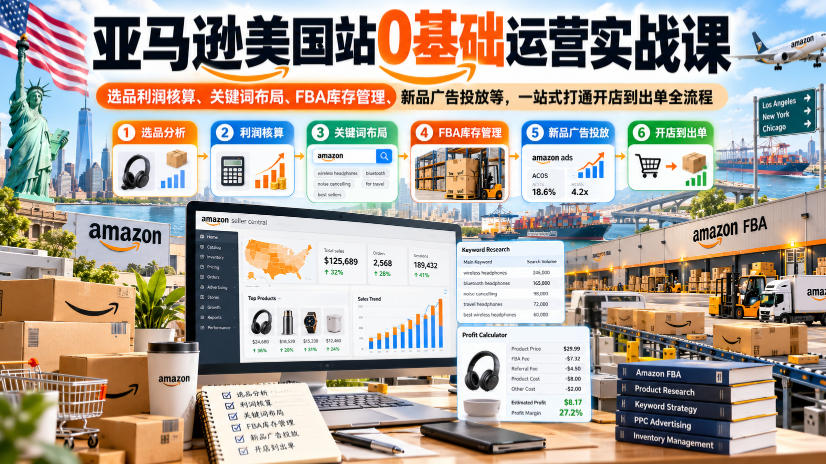 亚马逊美国站0基础运营实战课｜选品利润核算、关键词布局、FBA库存管理、新品广告投放等，一站式打通开店到出单全流程|无忧资源社